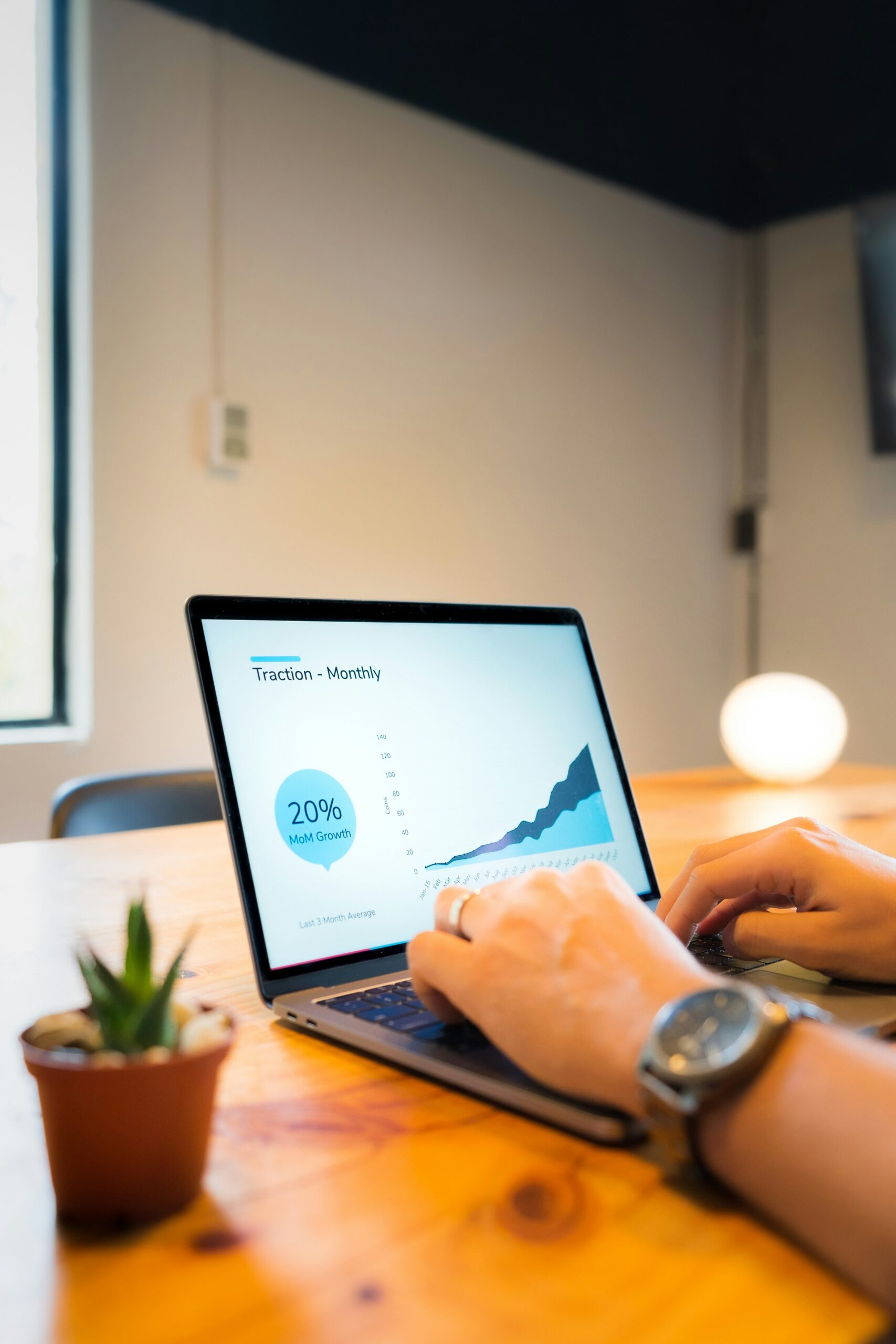 A professional reviewing a monthly traction dashboard on a laptop showing 20% month-on-month growth, representing the real-time performance insights and measurable retail results delivered through customer experience improvement.