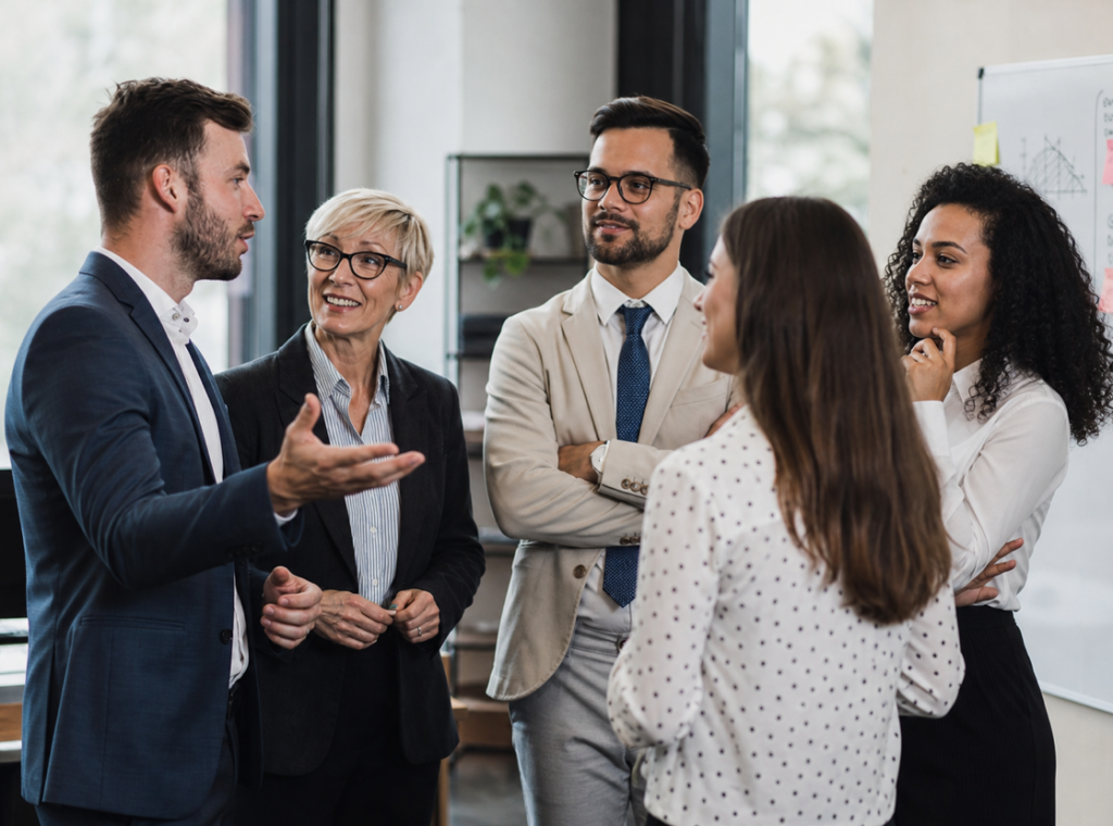 Small team discussing referral rate and customer advocacy results in an office setting